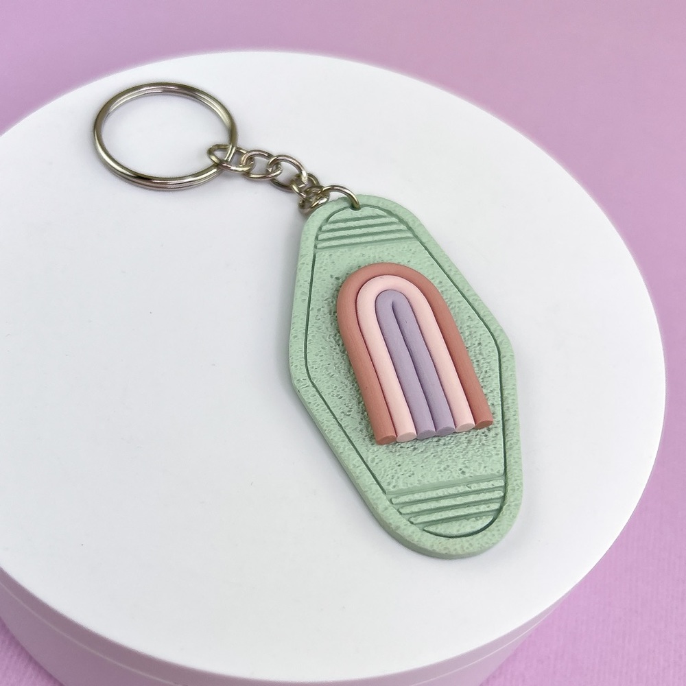 Boho Rainbow Textured Handmade Polymer Clay Hotel Style Keychain